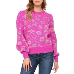 FATE PINK LEOPARD PUFF SLEEVE SWEATER | size M